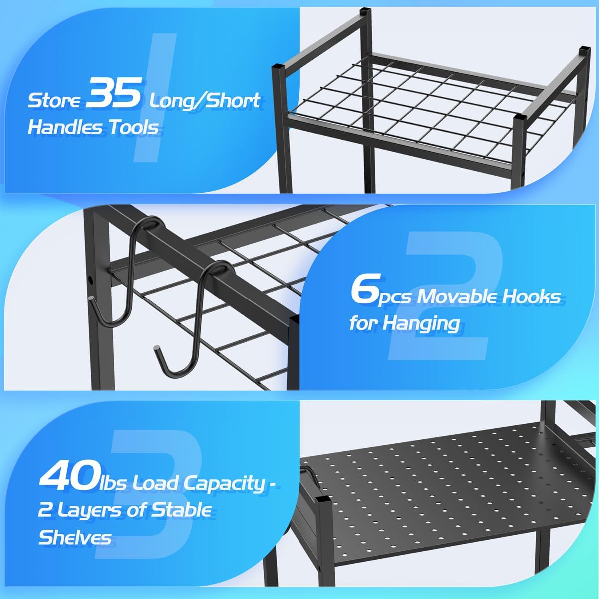 Garden Tool Organizer with 6 Hooks and 2-Tier Metal Shelves C62460