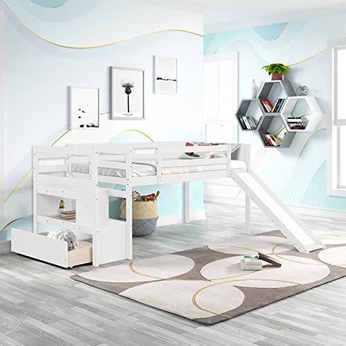 Wood House Loft Bed Frame with Slide and Storage Shelves Z806