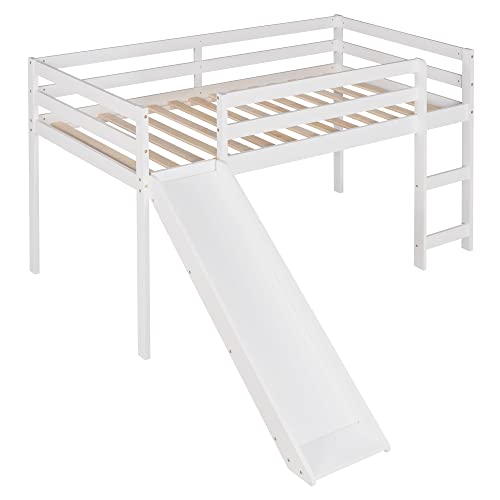 Wood House Loft Bed Frame with Slide and Storage Shelves Z806