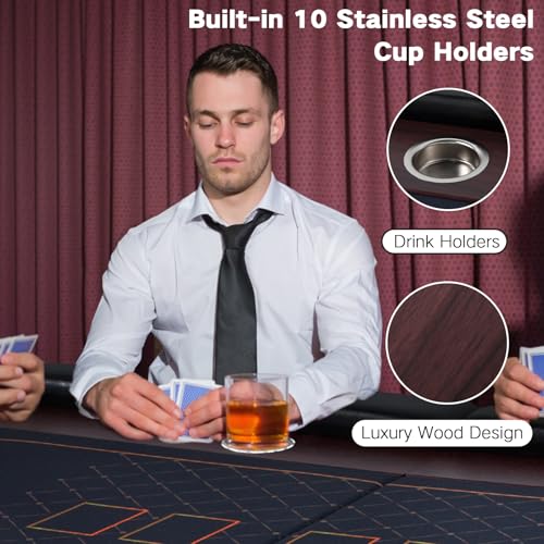 LED Poker Table, 10 Player Foldable Texas Holdem with LED Lights, USB Ports, Cup Holders A93805