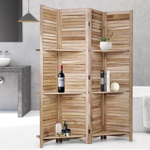 Room Divider 4 Panel Folding Wood 5.6 Ft Tall Privacy Screen with Three Shelves Y8638