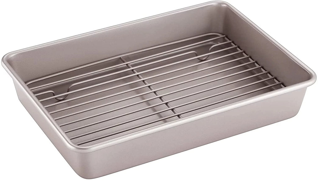 CHEFMADE Roasting Pan with Rack, 13-Inch Non-Stick Rectangular Deep Dish Oven-BBQ Bakeware for Oven Baking 9" x 13" x 2.4" (Champagne Gold)