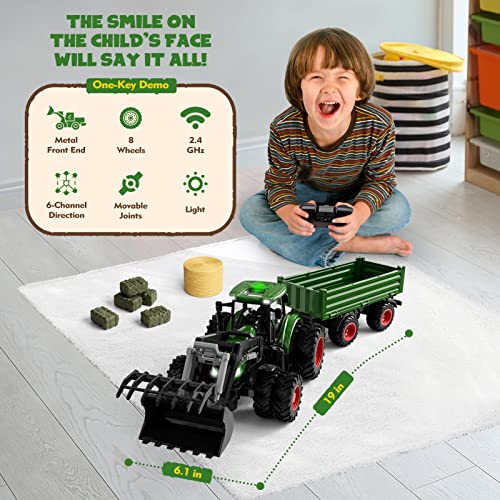 Remote Control Tractor Toy with Trailer and Front Loader for Kids A50598
