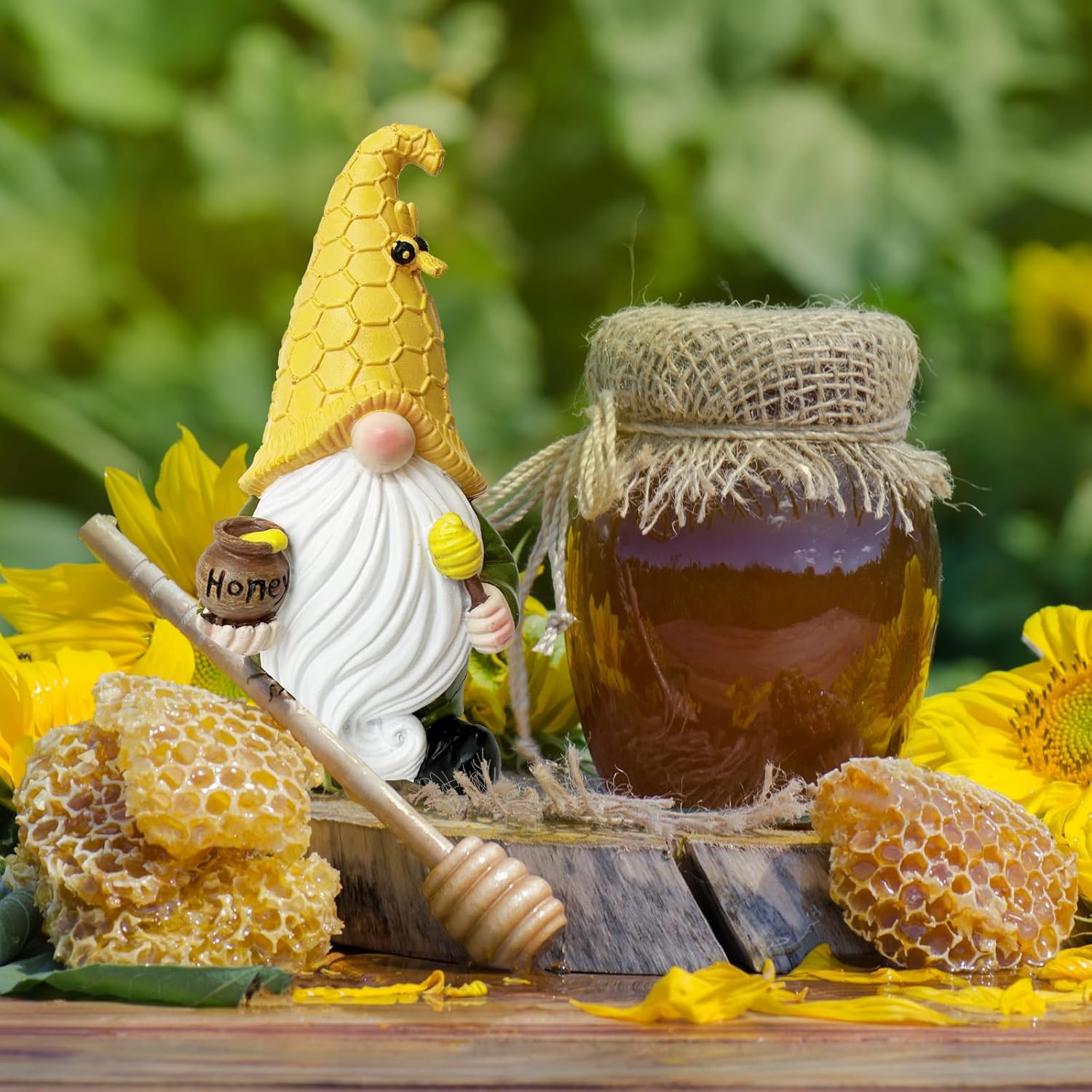 Bee Gnome Figurine Holding Honey Jar Resin Table Decor Y4077