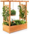 Giantex Raised Garden Bed with Trellis, Wood Planter Box with Roof & Side Trellis, Drain Holes, Elevated Raised Bed with Trellis for Climbing Plant and Pot Hanging, Indoor Outdoor Patio Balcony