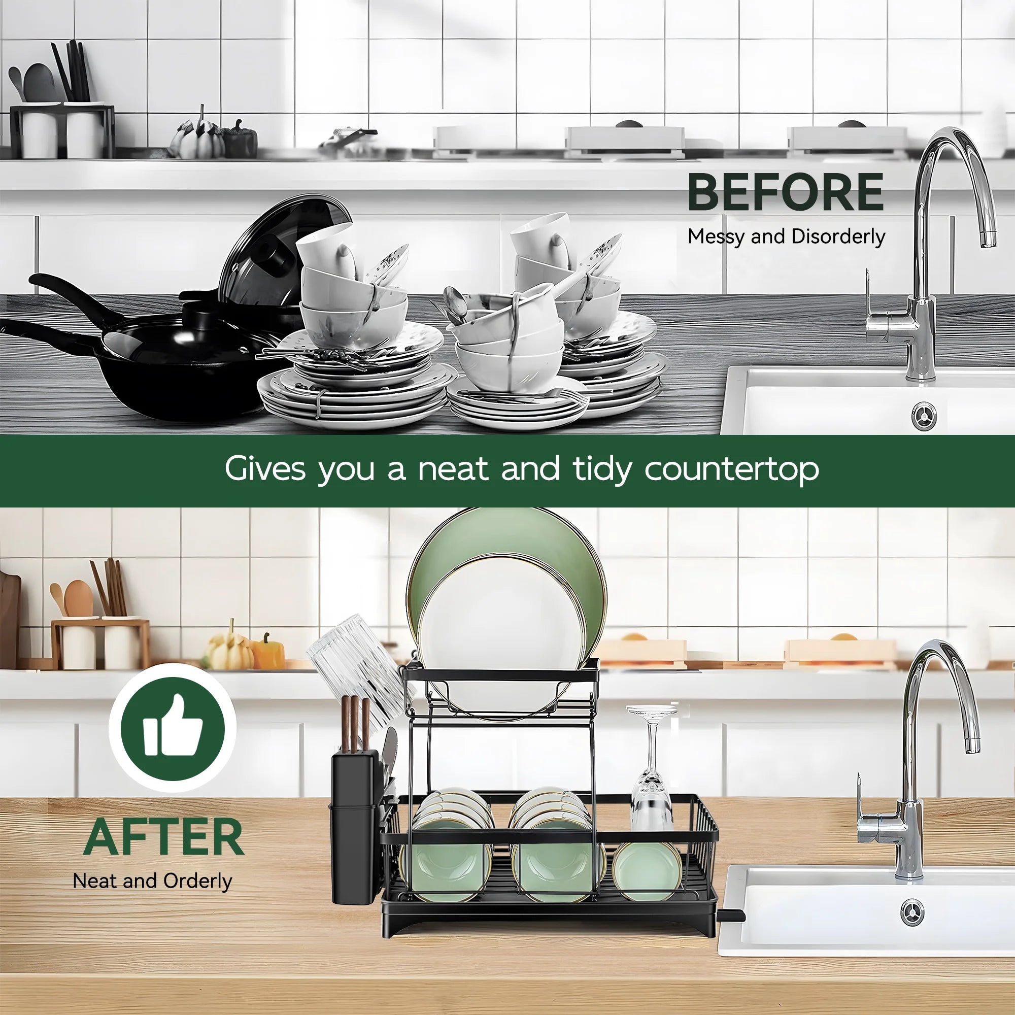 2 Tier Dish Drying Rack with Drainer for Kitchen Counter W99469