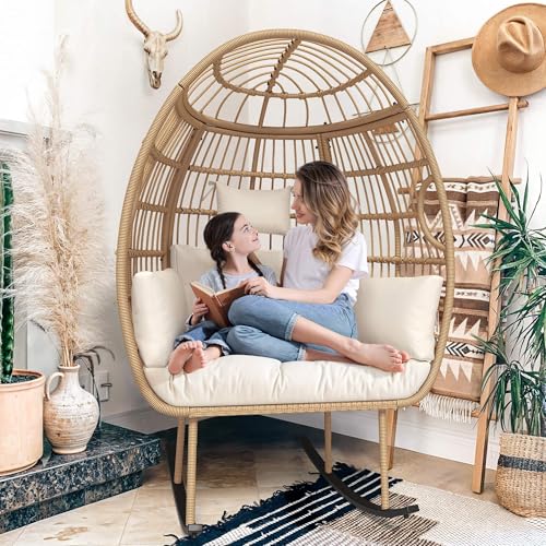 Rattan Egg Chair with Ottoman, Indoor Outdoor Wicker Chair with Footrest, 5 Cushions F541