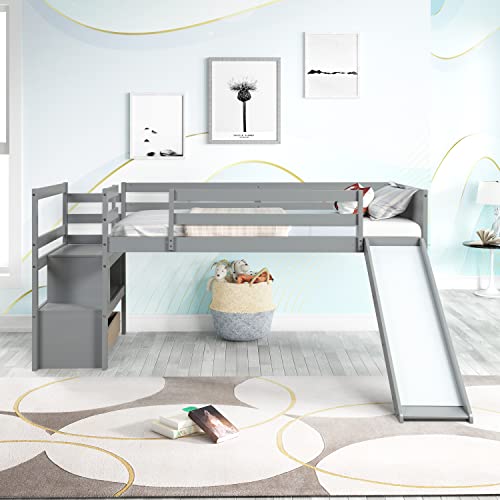 Wood House Loft Bed Frame with Slide and Storage Shelves Z806
