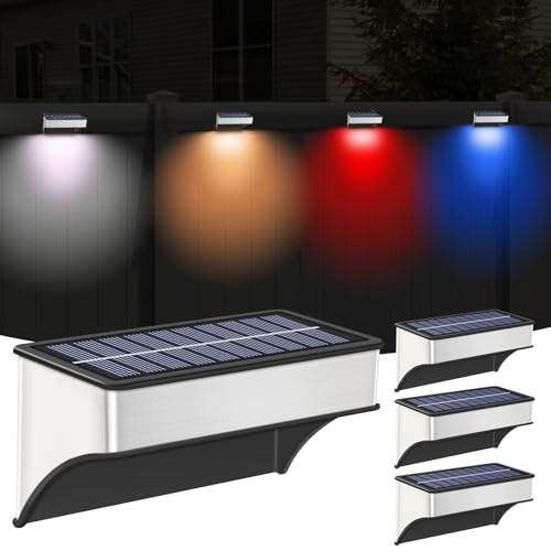 Super Bright Solar Fence Lights,8 Pack Solar Wall Lights Outdoor 60 Lumen Waterproof 8 Modes Warm&Cool White,RGB,Solar Deck Lights for Backyard,Garden,Fence,Wall,Deck Railing,Stairs,Outdoor Decor