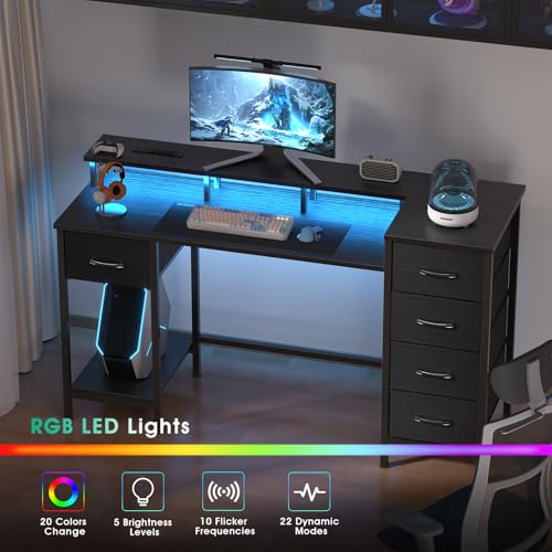 47 Inch Computer Gaming Desk with Power Outlets LED Lights and Storage Drawers I77165