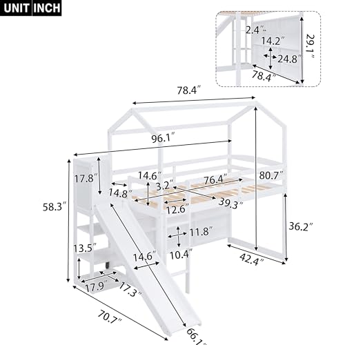 Wood House Loft Bed Frame with Slide and Storage Shelves Z806