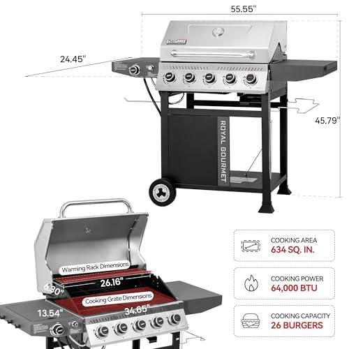5 Burner Propane Gas Grill with Side Burner and Sear Burner, Cart Style BBQ Grill C4711