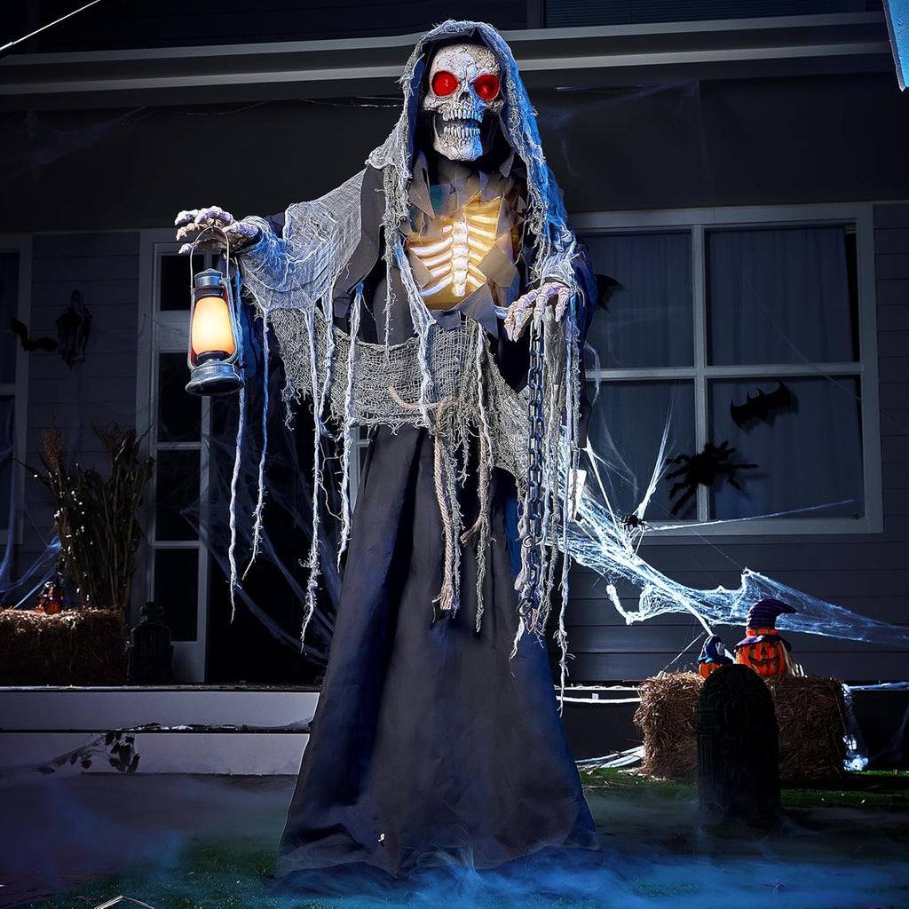 Halloween Animatronics Standing Grim Reaper Decoration with Light-Up Eyes and Moving Arms K979928