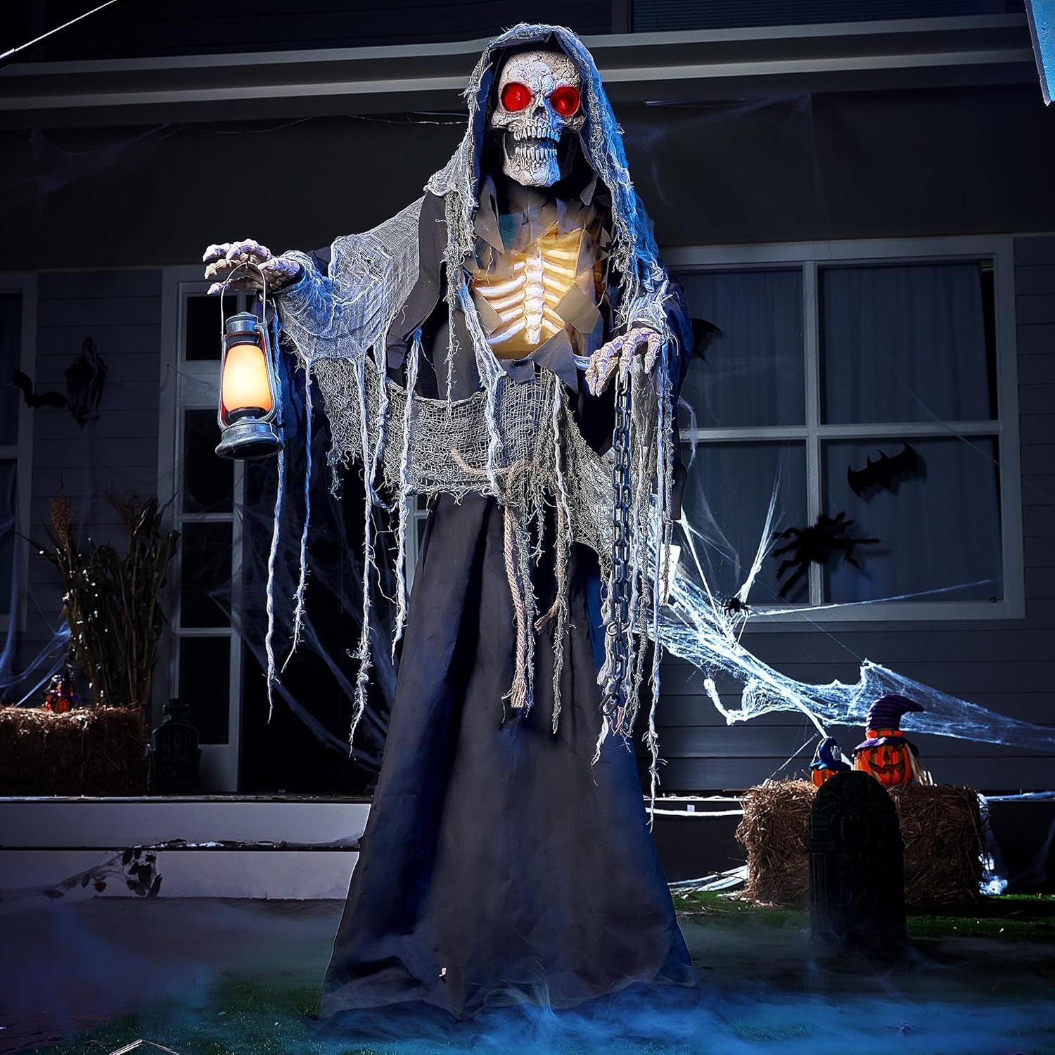 Halloween Animatronics Standing Grim Reaper Decoration with Light-Up Eyes and Moving Arms K979928