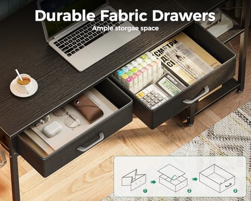 Small Computer Desk with Drawers & Power Outlet for Bedroom, Home Office M131