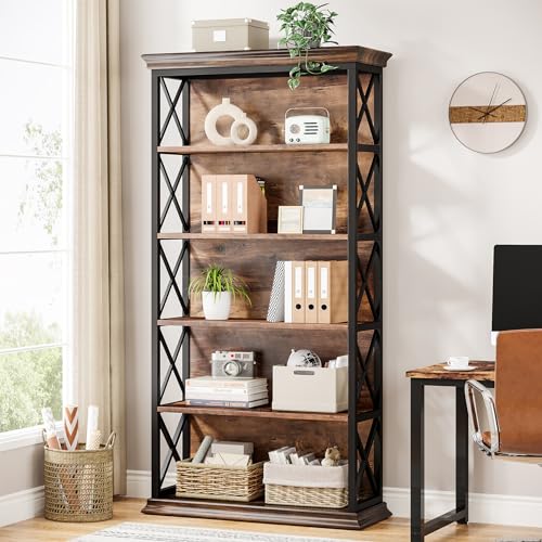 6-Tier Industrial Bookcase, 71 Inches Tall, Floor Standing Storage Shelves for Home Office, Brown and Black V7912