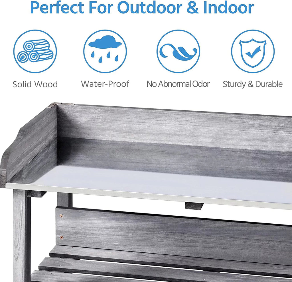 Wooden Potting Bench Table with Metal Tabletop and Storage Shelf A212159