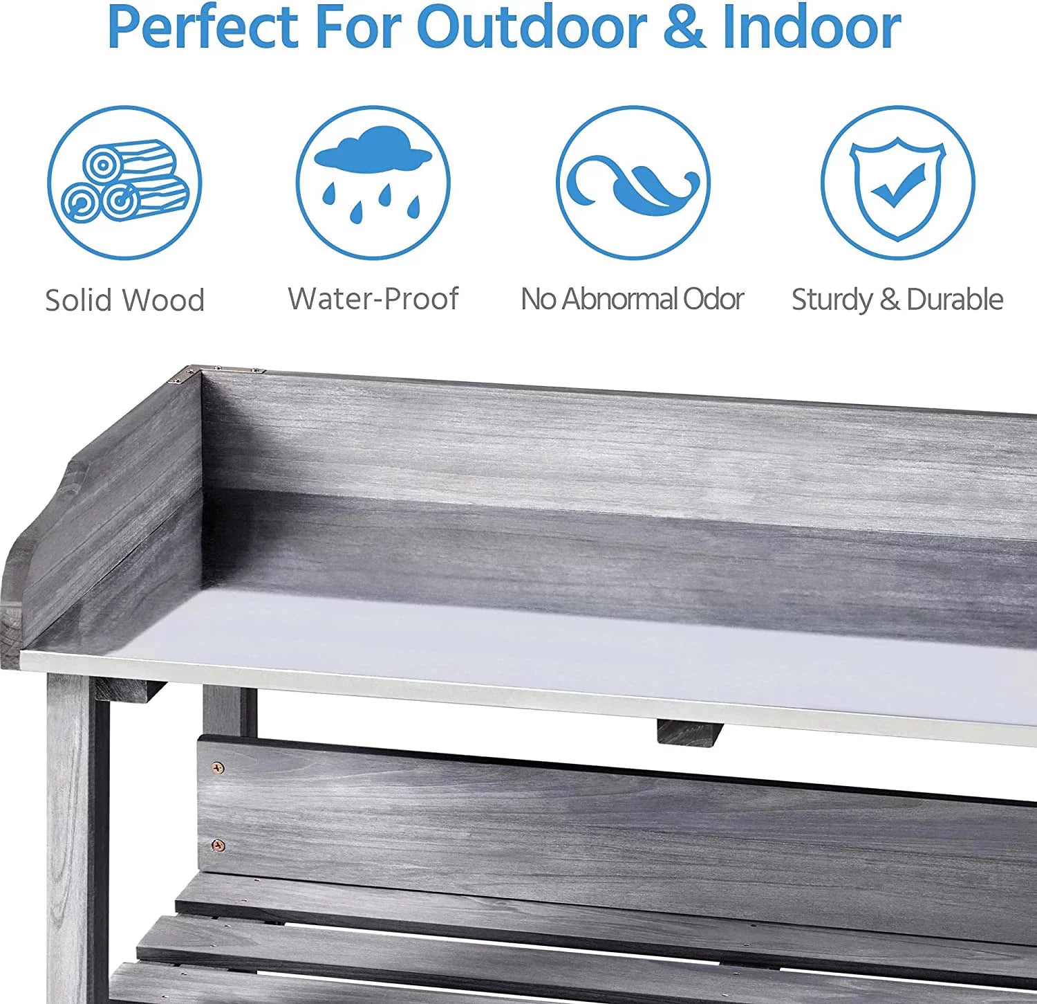 Wooden Potting Bench Table with Metal Tabletop and Storage Shelf A212159