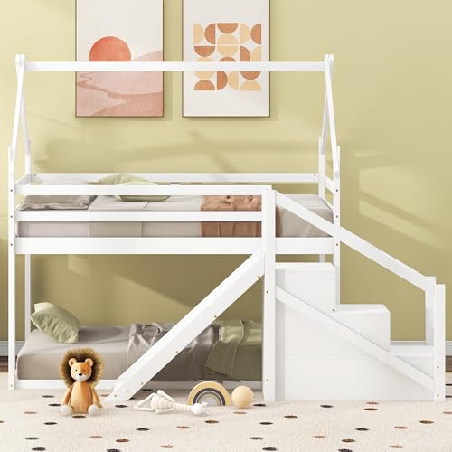 Wood House Loft Bed Frame with Slide and Storage Shelves Z806