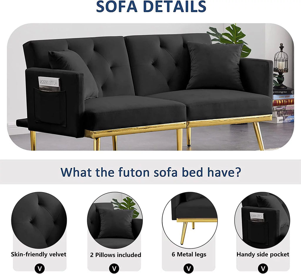Convertible Folding Sofa Bed with 2 Pillows, Velvet Sleeper Couch for Small Spaces Y7101