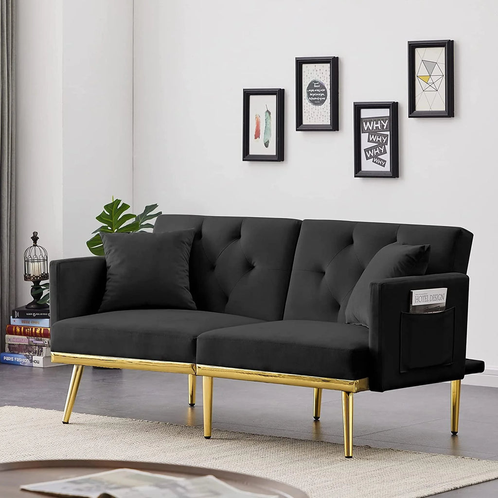 59" Convertible Folding Sofa Bed with 2 Pillows & Side Pockets, Modern Velvet Sleeper Couch Bed with 3 Adjustable Backrests, Recliner Loveseat for Small Space, Living Room Bedroom Apartment(Black)