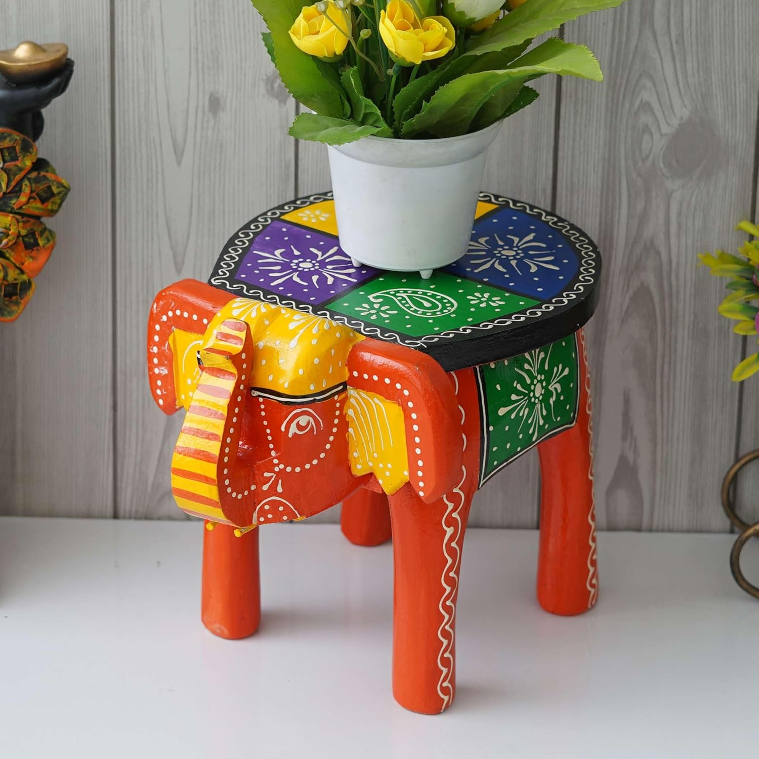 Handcrafted Painted Wooden Elephant Stool Table, Medium F6590