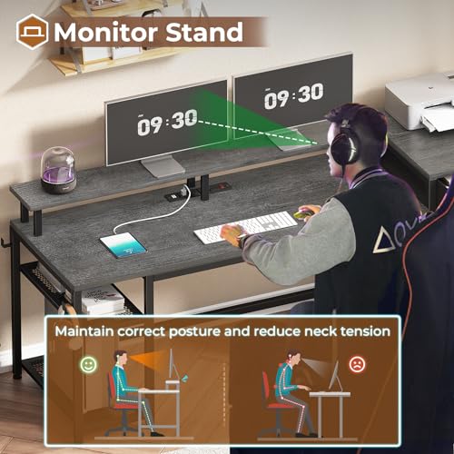 Office Desk with Drawers, Reversible Computer Desk with Storage, LED Lights & Power Outlet, Rustic Brown X65554
