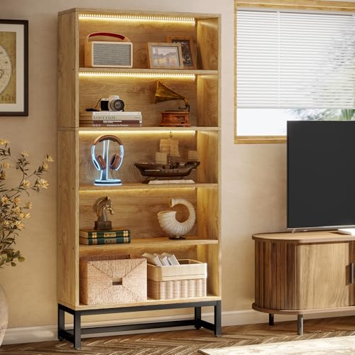 Tall Bookcase with LED Lights, 5-Tier Storage Shelves T8450