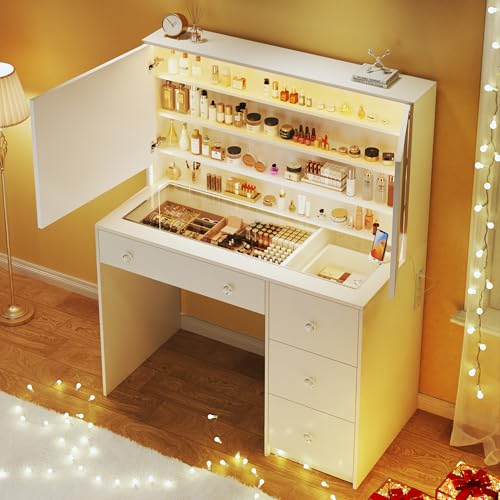 Vanity Desk with Mirror and Lights, 50" Makeup Vanity with Glass Top & Power Outlet F52929
