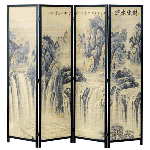 4-Panel Folding Bamboo Room Divider with Cherry Blossom Scene B61114
