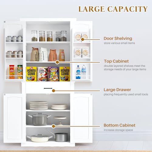 Kitchen Pantry Cabinet with 4 Doors and 1 Drawer, Freestanding Storage Cupboard L190261