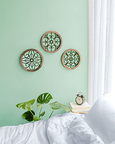 Rustic Round Wall Art 3 Pack Geometric Scrolled Metal with Wooden Frame R67379