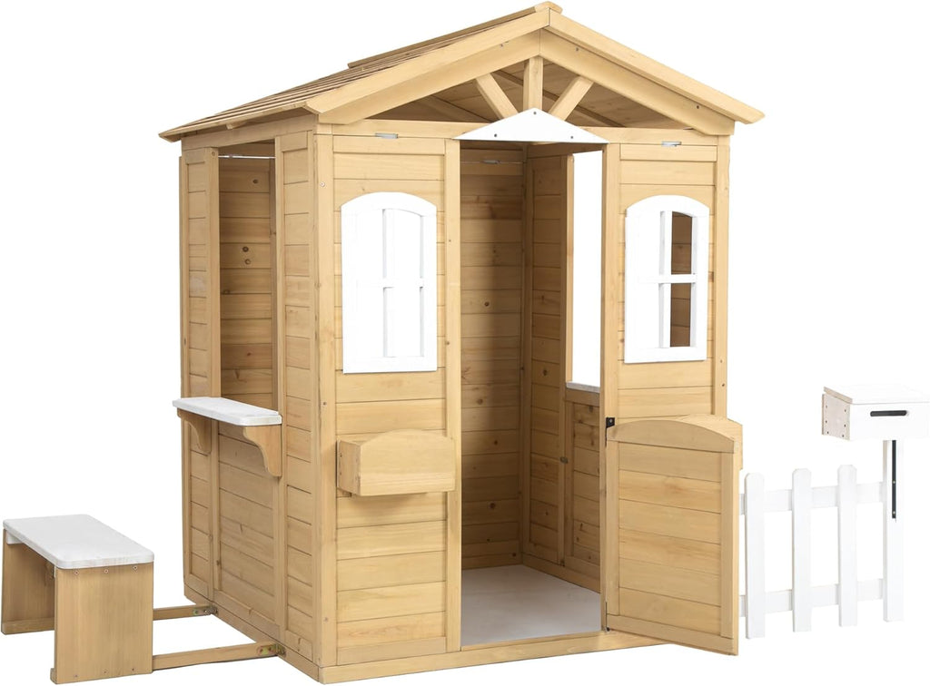 Outdoor Playhouse, Wooden Playhouse with Working Door, Windows, Mailbox, Bench, Flowers Pot Holder, Play House for Outdoor Garden Pretend Play Games(Natural)