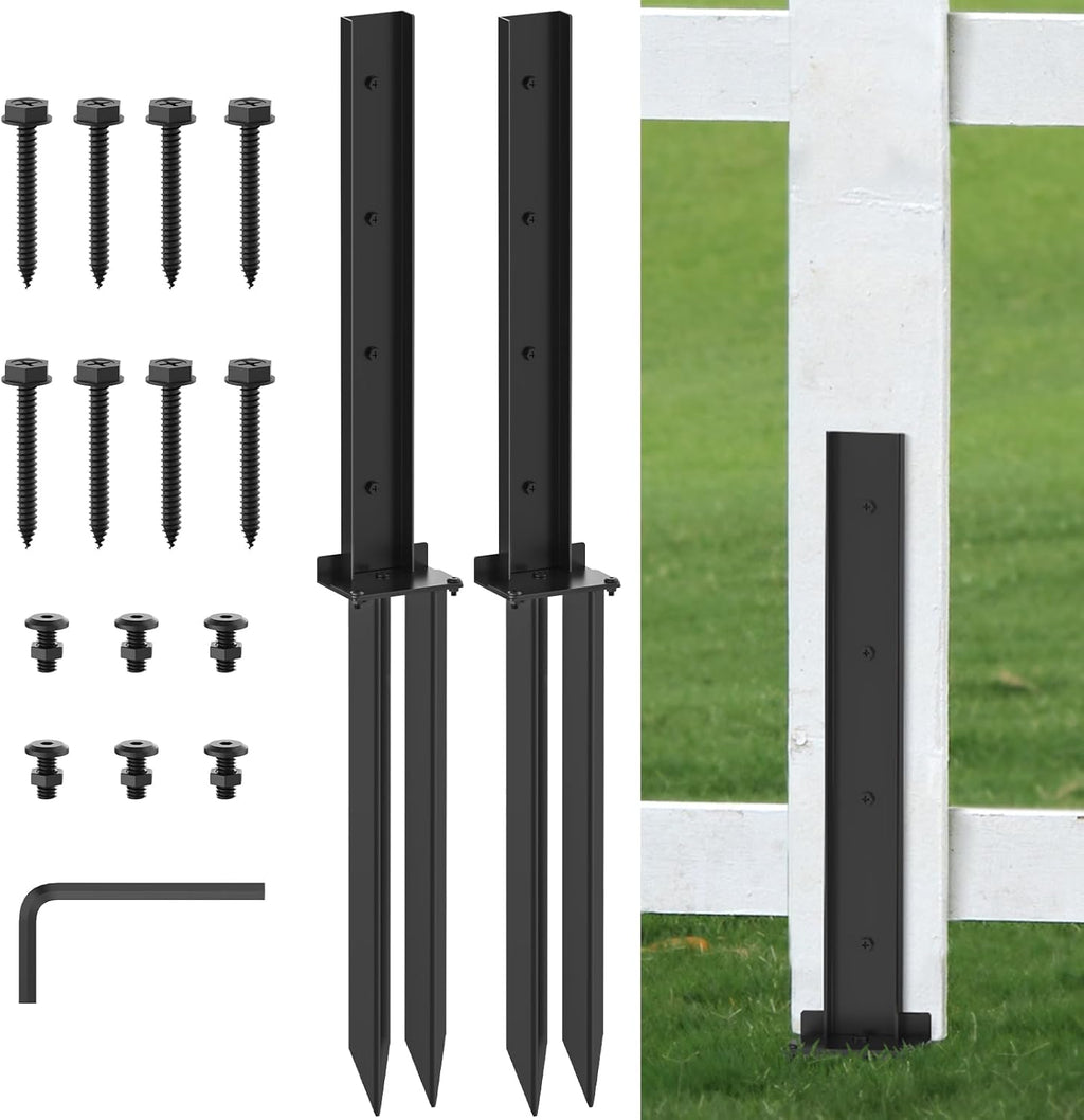 2 Pack Fence Post Anchor Kit, Heavy Duty Steel Fence Post Repair Kit, Anchor Ground Spike for Repair Broken Wood Fence Post