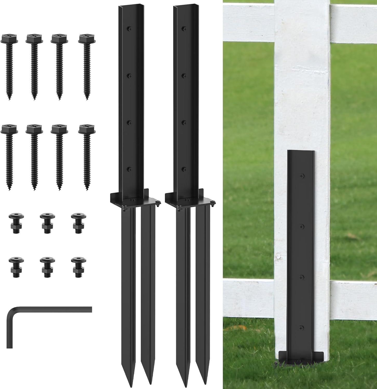 2 Pack Fence Post Anchor Kit, Heavy Duty Steel Fence Post Repair Kit, Anchor Ground Spike for Repair Broken Wood Fence Post