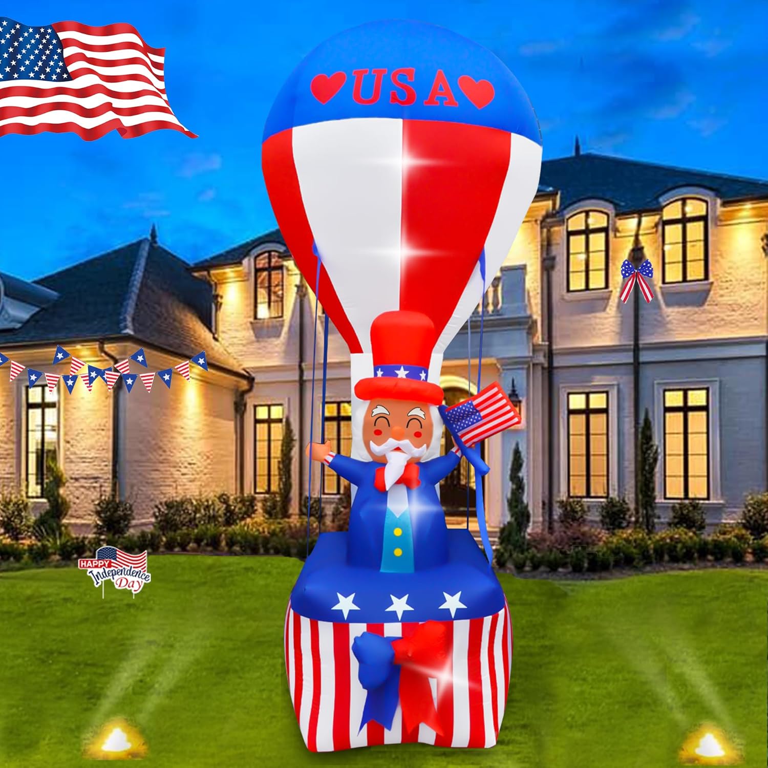 9FT Uncle Sam Hot Air Balloon Inflatable with LED Lights for Outdoor 4th of July Decor H627638