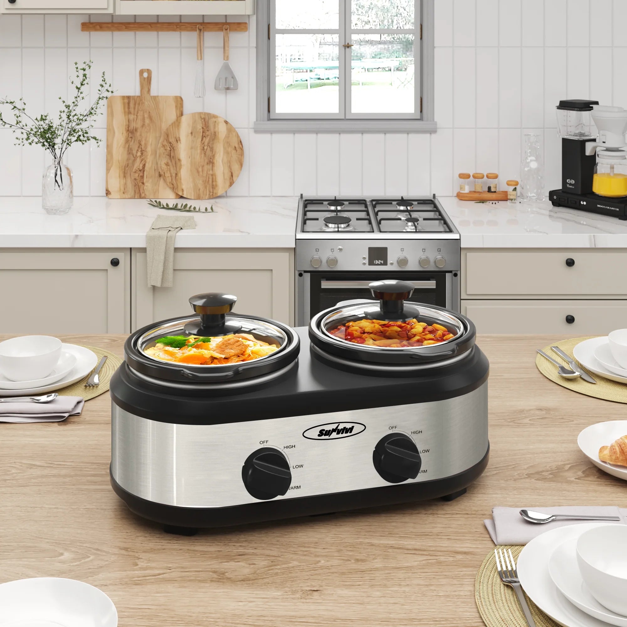 Dual Pot Slow Cooker with Ceramic Pots and Adjustable Temp V5379