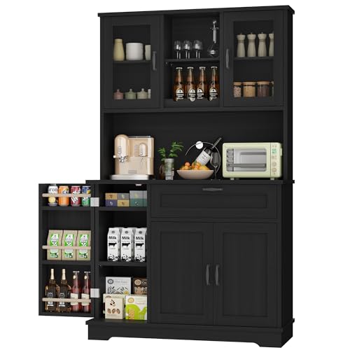 Freestanding Kitchen Pantry Cabinet with Microwave Stand, 4 Doors, Adjustable Shelves and Wine Rack C21265