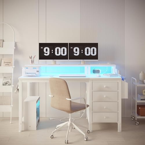 Gaming Desk with LED Lights and Power Outlets, 47 Inch Computer Desk with Fabric Drawers U2584