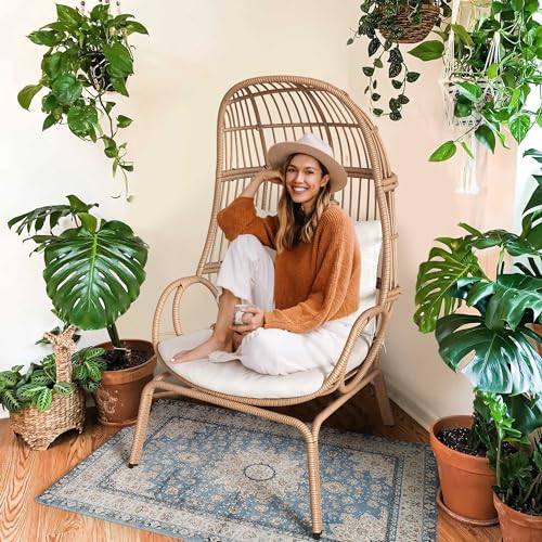Outdoor Egg Chair with Stand and Cushion, Patio Rattan Basket Chair, Beige F352720