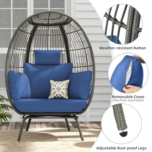 Rattan Egg Chair with Ottoman, Indoor Outdoor Wicker Chair with Footrest, 5 Cushions F541