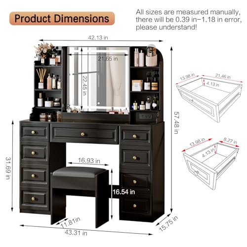 Makeup Vanity Desk with Mirror and Lights, Glass Top, 9 Drawers M5813