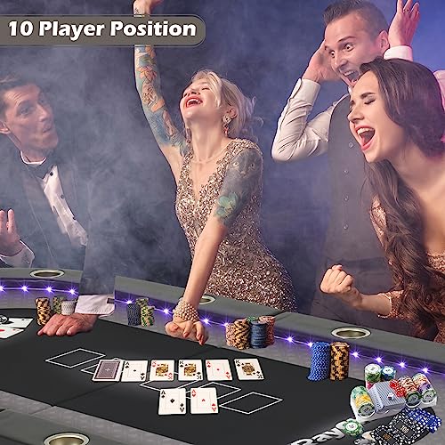 LED Poker Table, 10 Player Foldable Texas Holdem with LED Lights, USB Ports, Cup Holders A93805