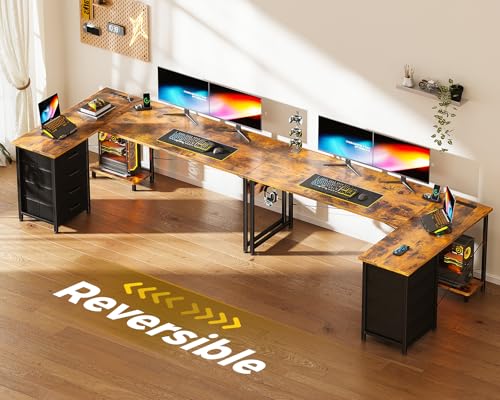 L Shaped Desk with 4 Tier Drawers, Power Outlets & USB, Corner Computer Desk with CPU Stand U4256