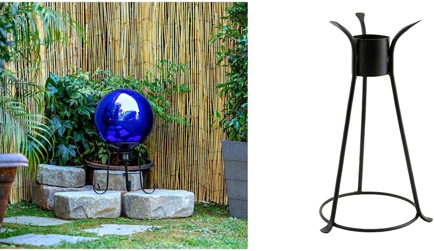Alpine 10" Blue Outdoor Glass Gazing Globe with Achla Designs 13 1/2" Black Iron Stand for Gardens