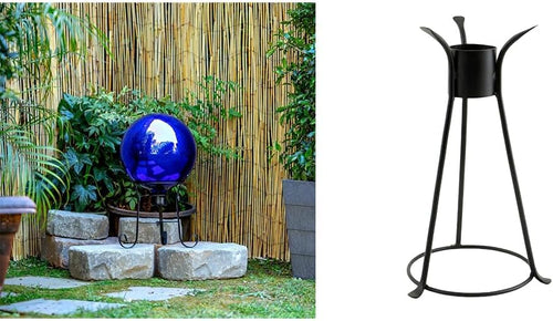 Alpine 10" Blue Outdoor Glass Gazing Globe with Achla Designs 13 1/2" Black Iron Stand for Gardens