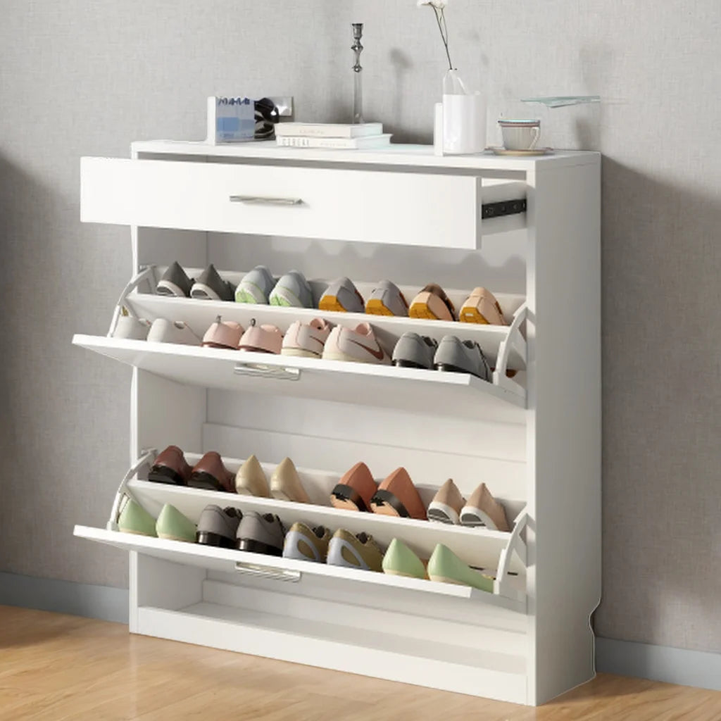 Shoe Storage Cabinet with 2 Flip Drawers and Tempered Glass Top Y84245
