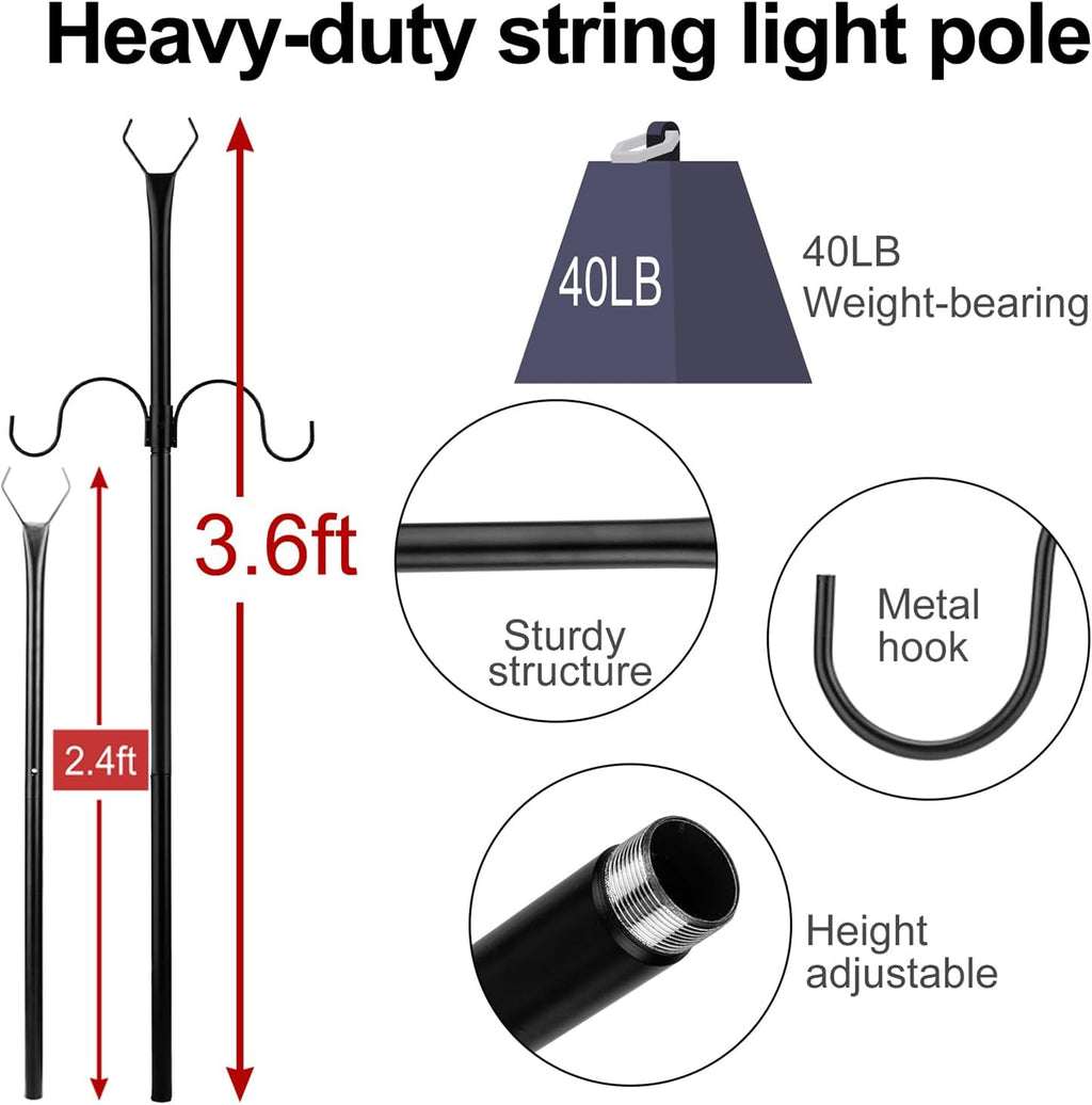 String Light Poles 2 Pack, Adjustable 2.4FT/3.6FT for Outdoor Hanging G359