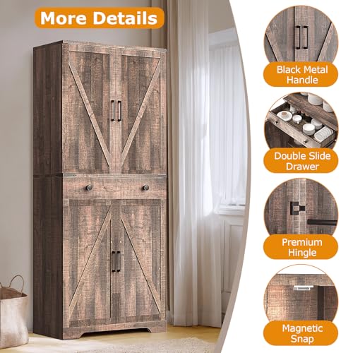 Farmhouse Pantry Cabinet with 6 Shelves and Barn Doors, Brown K34379