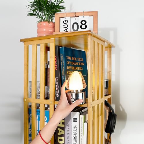 Rotating Bookshelf Tower, 360 Spinning Bamboo Bookcase, 6 Tier Floor Standing Storage Rack U3081